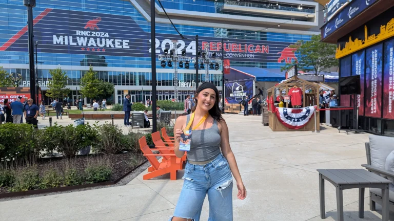 Hannah outside the 2024 RNC in Milwaukee.